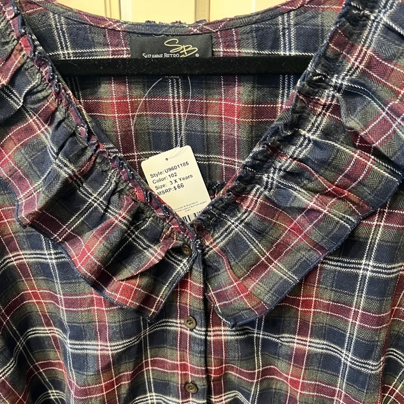 SUZANNE BETRO Navy, Olive & Burgundy Plaid Ruffle-Trim V-Neck (3X) NEW w/TAGS - Picture 2 of 10